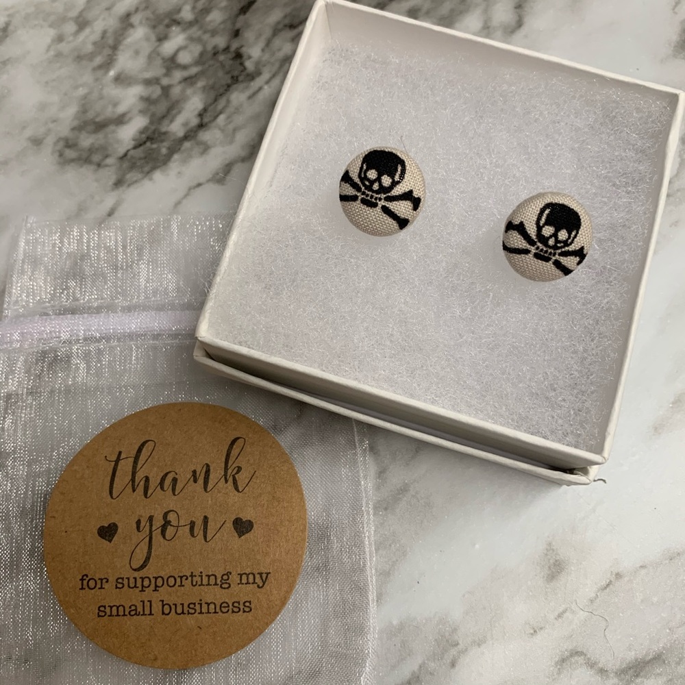 Skull Fabric Button Earrings, Handmade